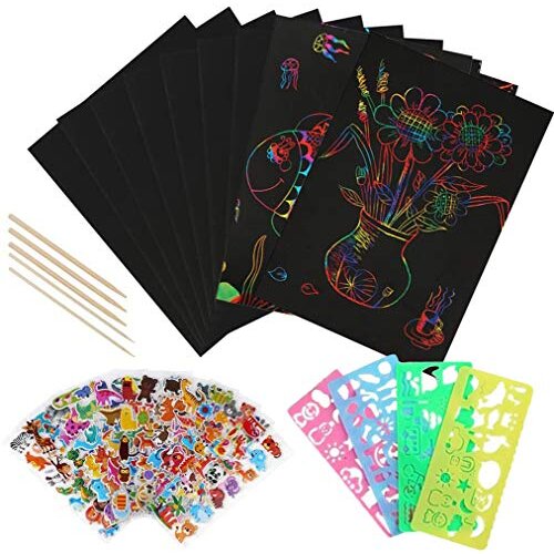 STEFORD 45pcs Scratch Art Set,24 Piece Magic Rainbow Scratch Art Paper with 5 Wooden Styluses,12 Sheets Puffy